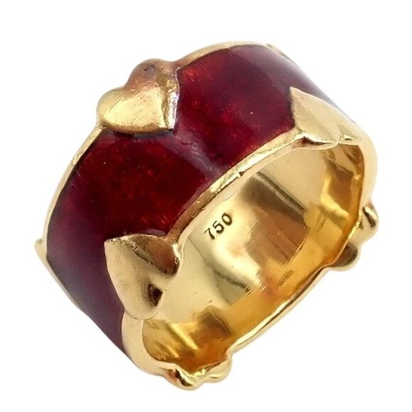 Tiffany & Co Schlumberger 18k Yellow Gold Red Enamel Heart Band Ring sz 6 - Picture 1 of 12